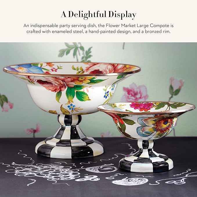 MACKENZIE-CHILDS Enamel Compote, Cute Enamel Pedestal Serving Dish or Decorative Bowl, Large, White Flower Market