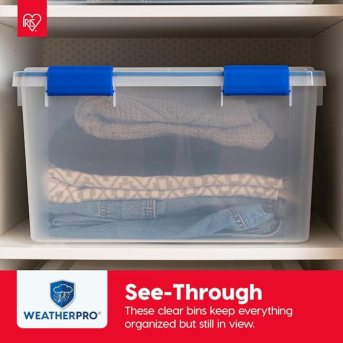 IRIS USA WeatherPro 16 Qt Storage Bins with Lids, 3 Pack, BPA-Free Plastic Gasket Box with Tight Latch and Seal, Stackable Nestable Tote Tub - Clear/Blue