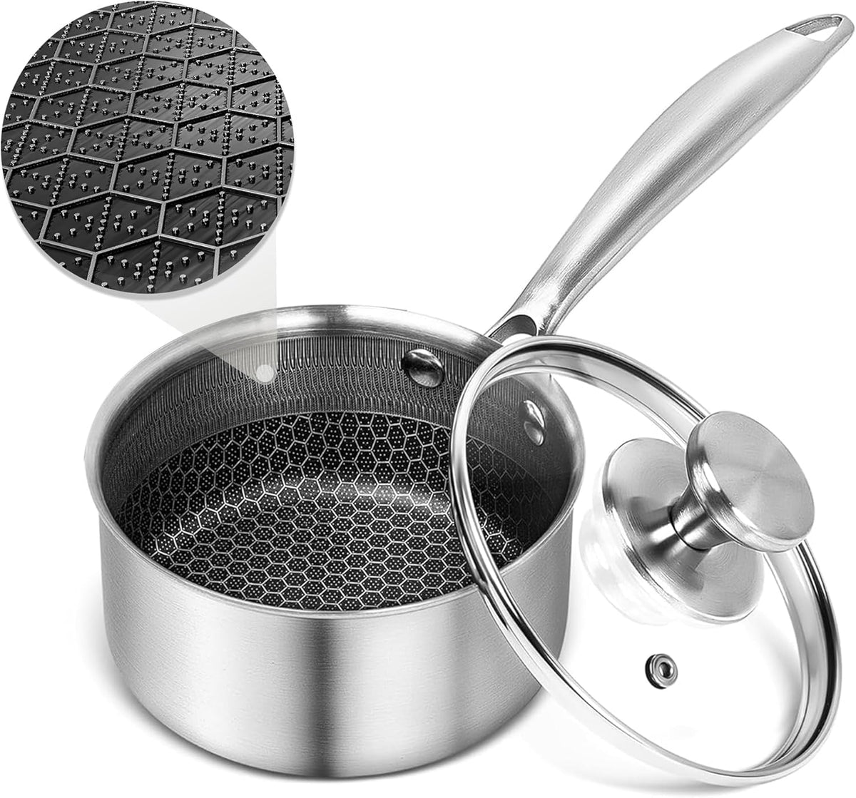 AuFranc™ Hybrid Nonstick 1 Quart Stainless Steel Saucepan with Glass Lid, Induction Sauce Pan with Honeycomb Carving, Non-stick Sauce Pot Compatible with All Cooktops, Dishwasher Safe, Non-Toxic