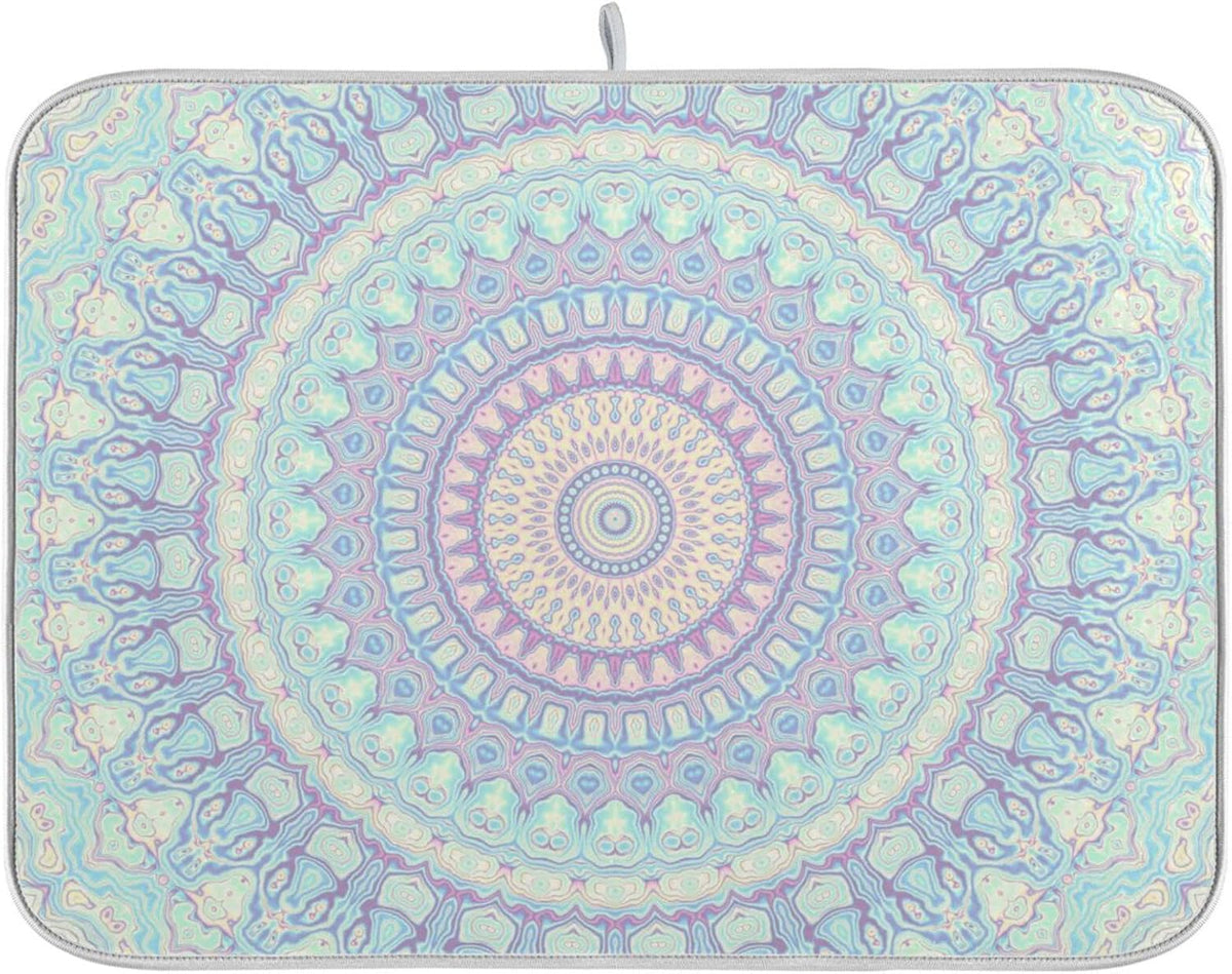 Mandala Bohemian Dish Drying Mat for Kitchen Counter Boho Ethnic Absorbent Microfiber Drying Pad, Medium 16x18 in, Reversible Drainer Mats