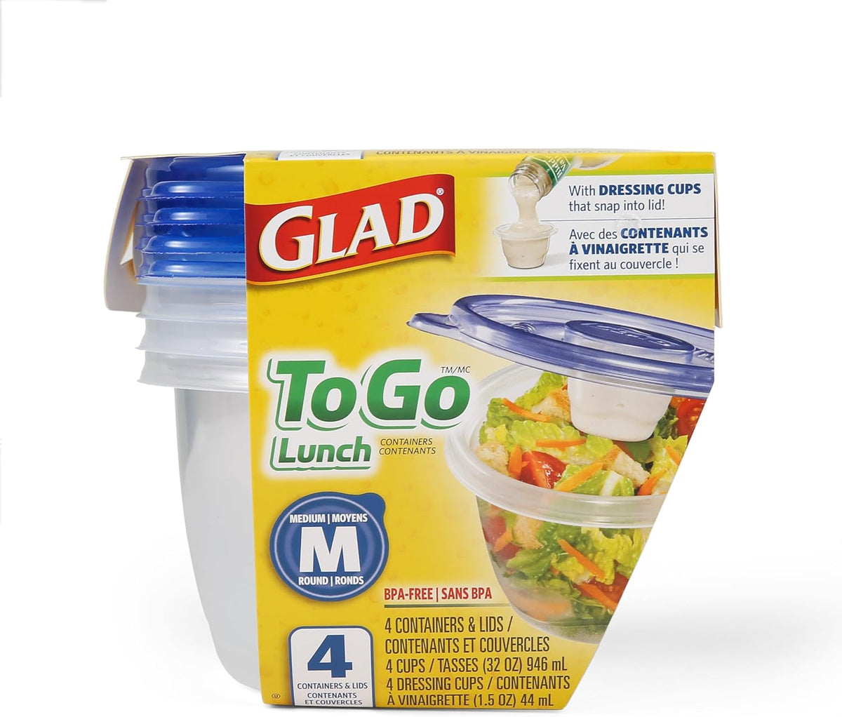 Glad GladWare To Go Lunch Food Storage Containers - Medium Round - Meal Container Holds up to 32 Ounces of Food - Lock Tight Seal, 4 Count