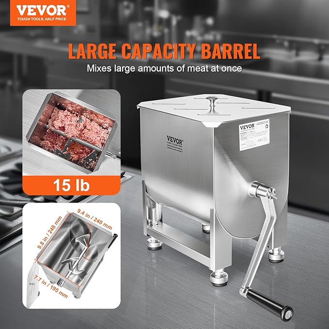 VEVOR Manual Meat Mixer, 15 Pound Capacity Tank Meat Processing Equipment, Stainless Steel Meat Mixer, Sausage Mixer Machine with Lid and Handle, Ground Beef Hand Mixer, Silver(Manual Only)