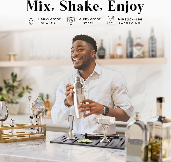 BARE BARREL® Mixology Bartender Kit Bar Set | 16-Piece Cocktail Shaker Set | Martini Barware Mixing Tools for Home Bartending | Incl. 35 Recipe Cards | Gift Set (24oz Cobbler Shaker, Silver/Natural)