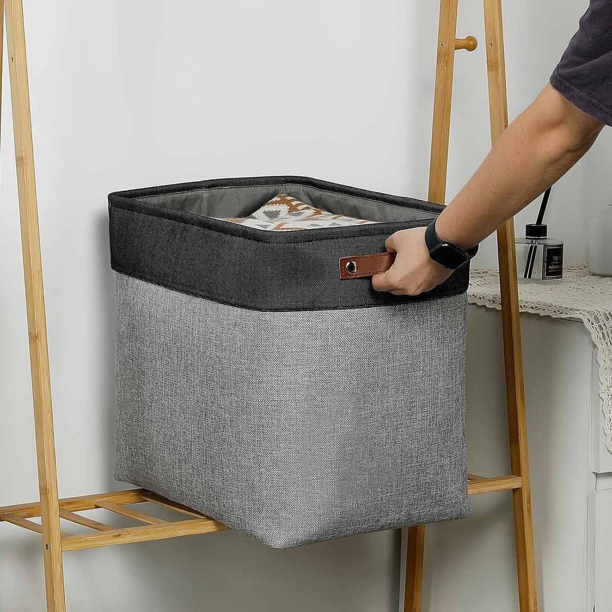 DULLEMELO Grey Storage Baskets for Organizing 3 Pack Fabric Shelf Baskets for Gifts Empty Large Storage Organizer for Closet,Clothes,Toys,Bedroom (Black&Grey)