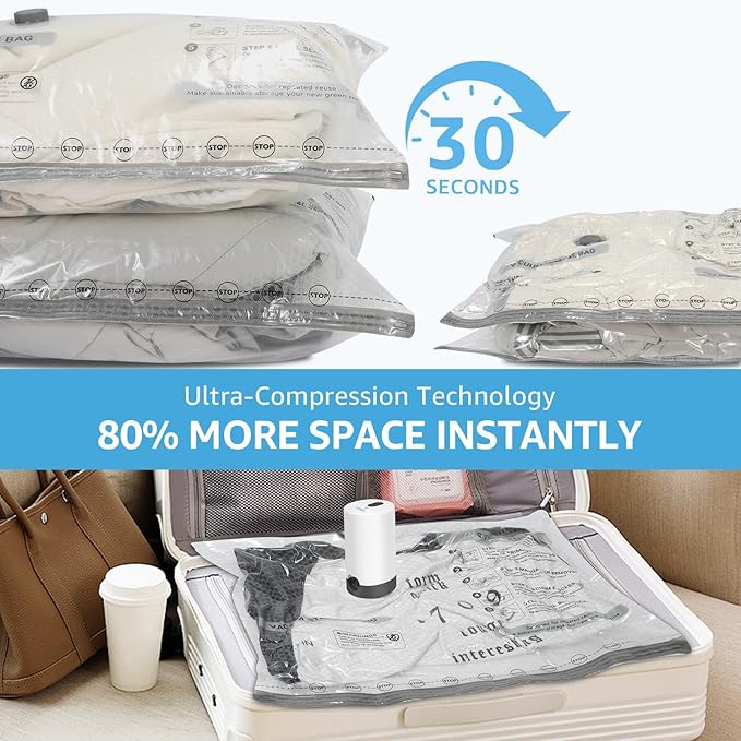 Vacuum Bags for Travel with Rechargeable Pump, 15 Packs of 3 Sizes Vacuum Seal Bags for Clothing, Space-Saving Compression Vacuum Travel Bags for Luggage, Vacuum Packing Bags for Closet Organization