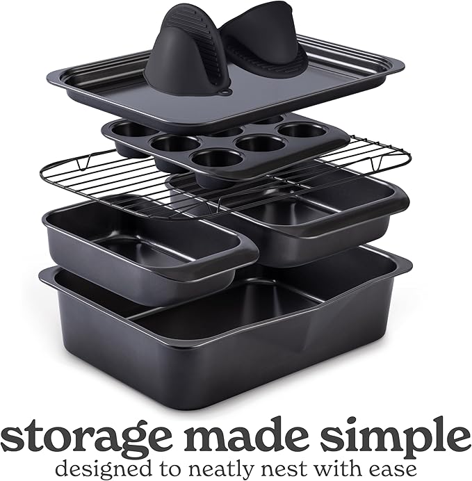 Country Kitchen Nonstick Stackable Bakeware Set - Deluxe Heavy Duty, Durable, Easy Release Baking Set, 8 Pcs, Black