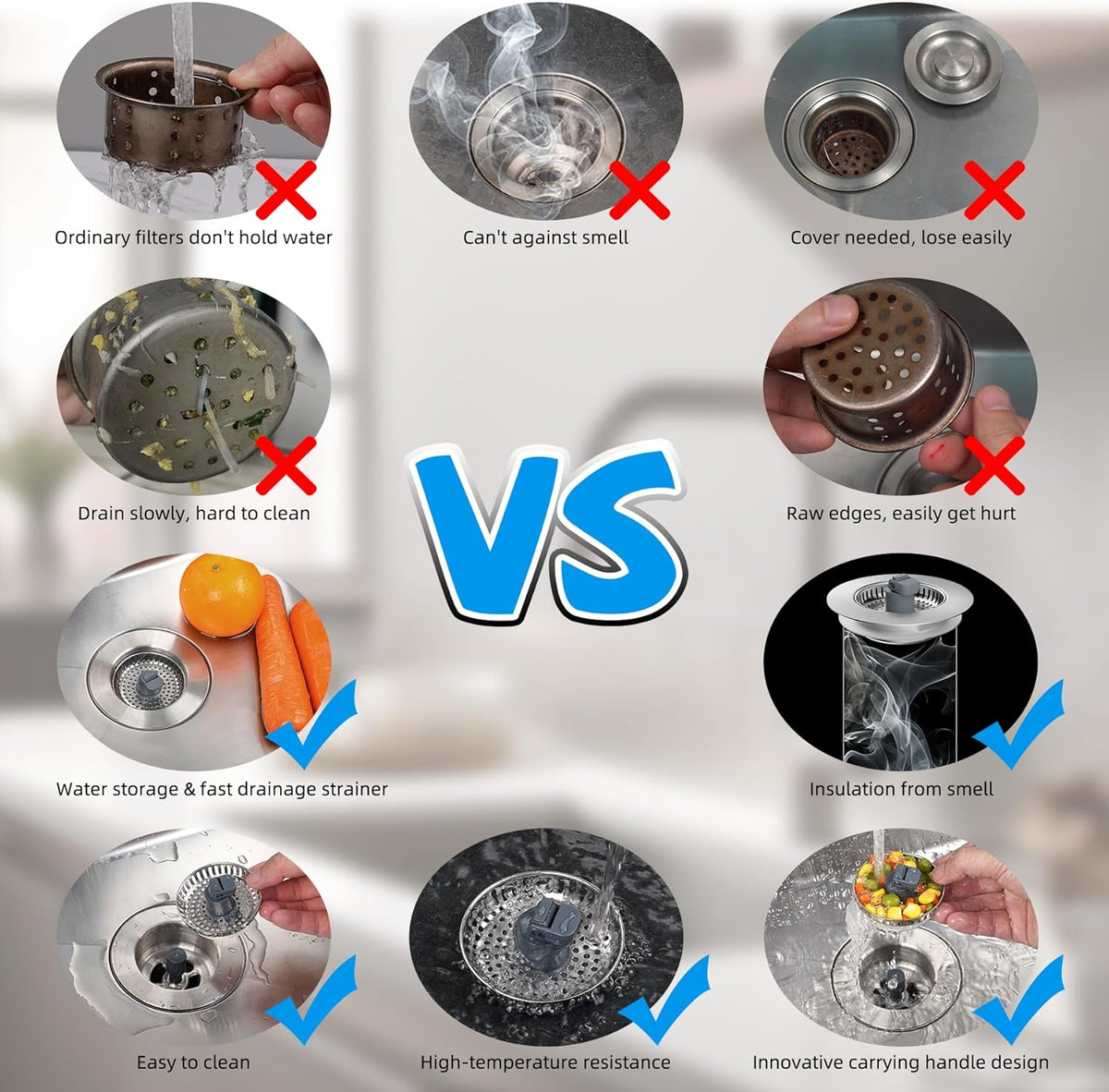 Hibbent 2 Pack 3 in 1 Kitchen Sink Drain Strainer, Stainless Steel Wrapped Shell Drain Stopper Combo, Pop Up Sink Stopper, Anti-Clogging Metal Basket Strainer with Handle for US Standard 3-1/2" Drain