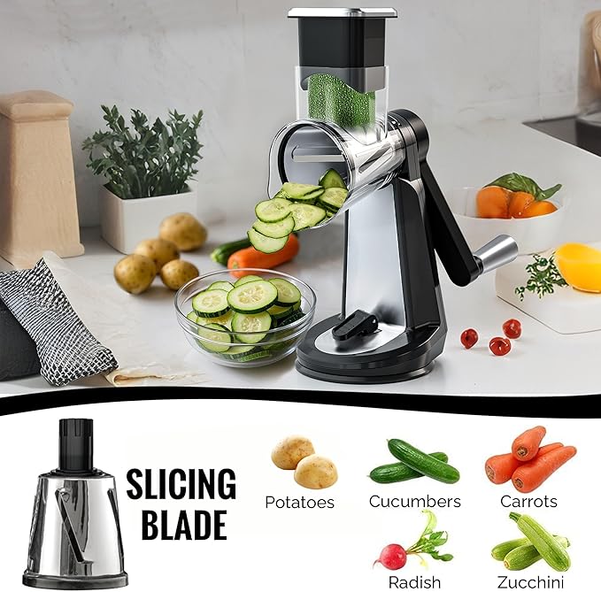 Joined Stainless Steel Rotary Cheese Grater with Elevated Stand and 5 Qt Mixing Bowl - Mandoline Slicer with 3 Stainless Steel Drum Blades-Cheese Shredder Round Mandoline & Food Chopper with Peeler