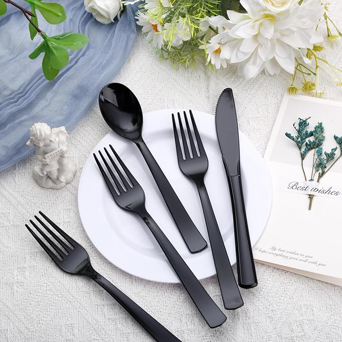 EI 360pcs Black Plastic Silverware,Disposable Cutlery,Plastic Silverware Heavy Duty,Plastic Spoons and Forks include 120pcs Forks,120pcs Spoons and 120pcs Knives,for Holiday, Birthday, Party