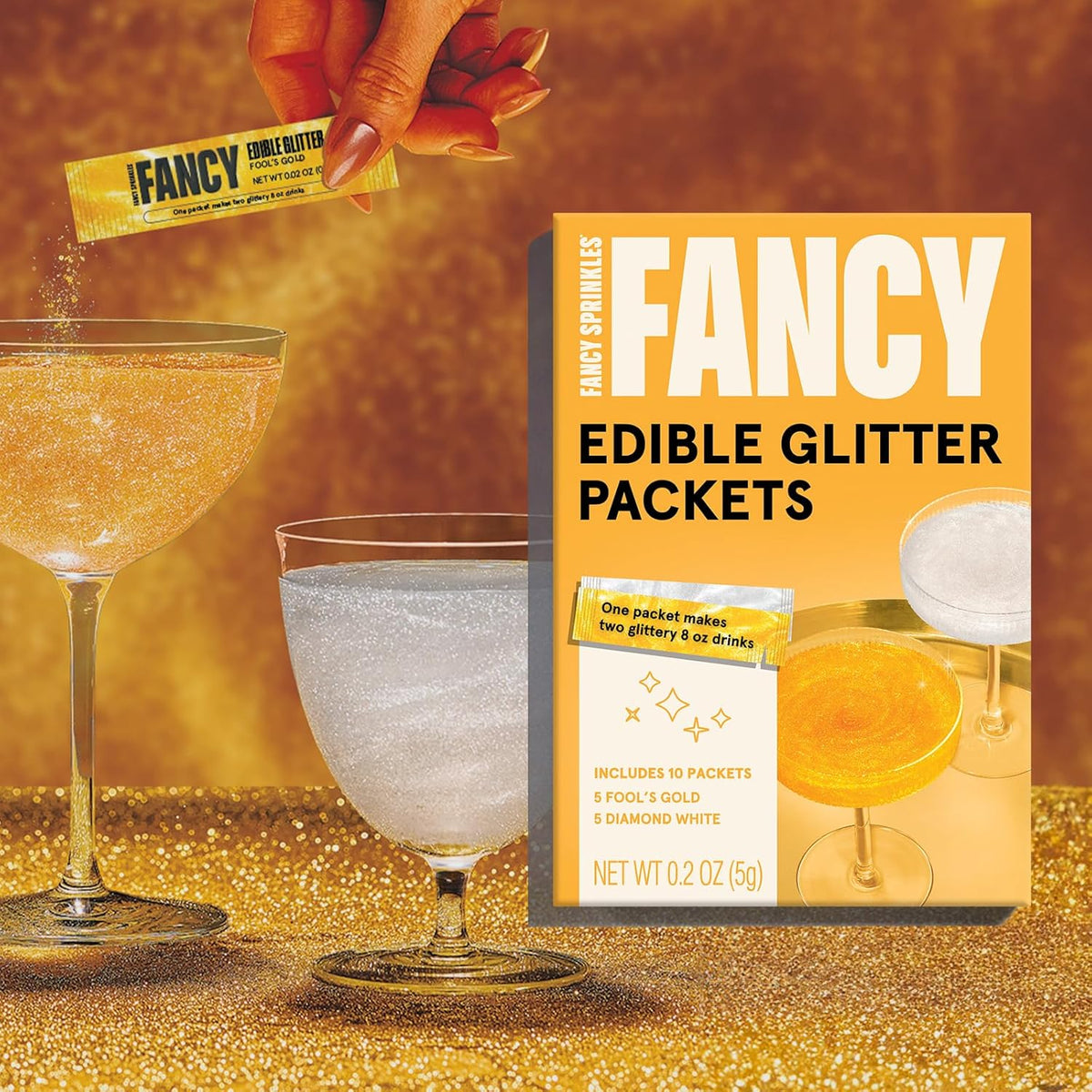 Fancy Sprinkles Pop The Bubbly Edible Glitter Packets Portable & On-The-Go for Sparkling Drinks, Champagne, Cocktails, Wine, Beer, & more. (2 Pack)