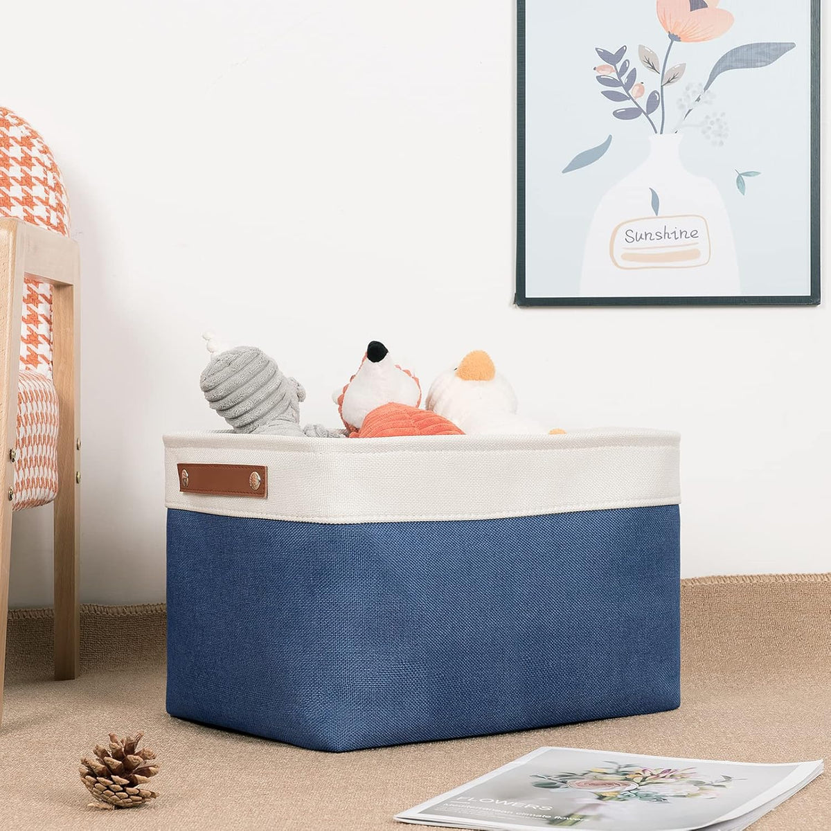 DULLEMELO Fabric Storage Bins, Foldable Storage Baskets for Organizing, Empty Gift Baskets (3-Pack Medium-15 inch X 11 inch X 9.5 inch , White&Blue)