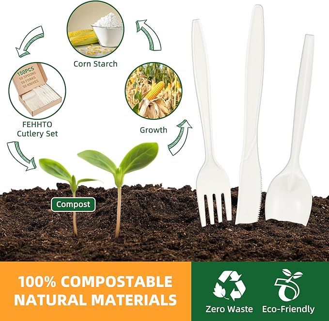 100% Compostable Cutlery Set,150pcs (50 Forks,50 Spoons,50 Knives) Disposable Cornstarch Utensils Heavy Duty BPI Certified Eco-Friendly Party Supplies No Plastic, Ivory White
