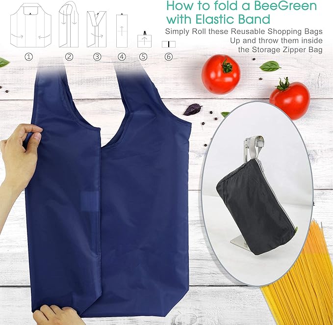 BeeGreen Navy Blue Reusable Grocery Bags Bulk 10 Packs, Kitchen Reusable Shopping Bags 50LBS Large, Machine Washable Durable, Easily Foldable with a Storage Bag