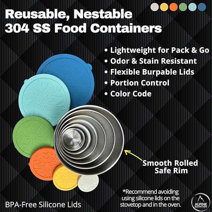 12 Pcs - 6 Stainless Steel Containers + 6 Silicone Lids | 304 Stainless Steel Snack Container | Nesting Snack and Dip Containers | Metal Food Storage