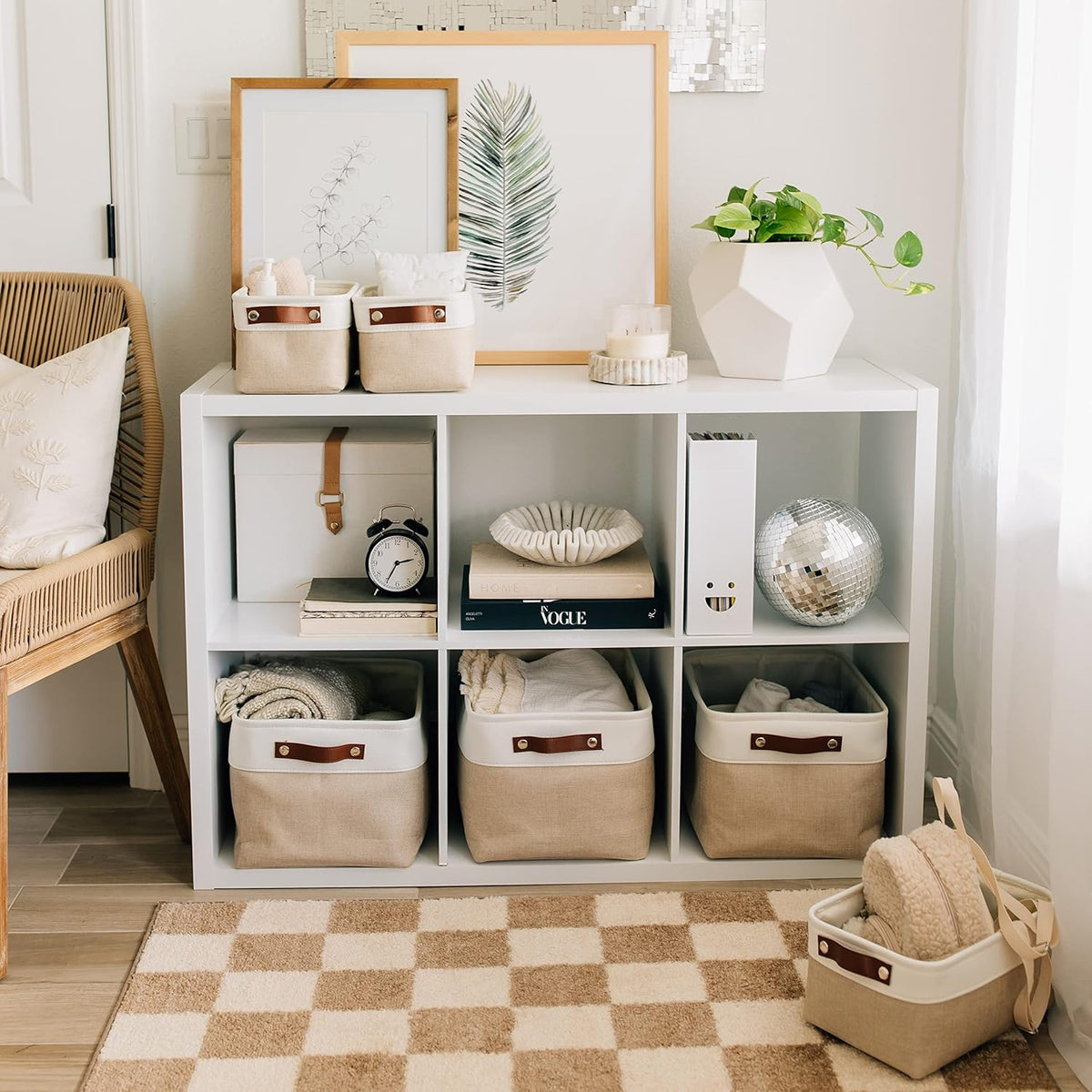 OrganiHaus Large Fabric Storage Baskets for Shelves 3 Pack, 15x11in Closet Storage Bins for Shelves, Cloth Baskets for Organizing, Linen Closet Organizers, Fabric Basket, Beige/White
