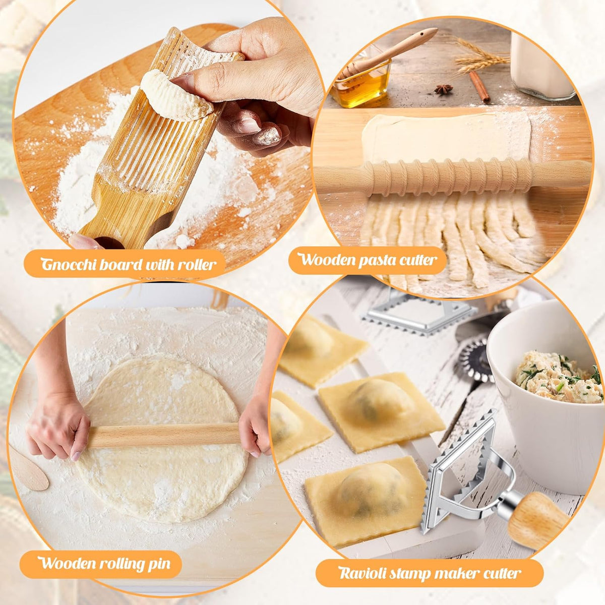 Tioncy 7 Pcs Gnocchi Pasta Making Tool, Wood Gnocchi Board with Ravioli Stamp and Rolling Pin Set Homemade Kitchen Gift for Baking Lovers(Curve Style)
