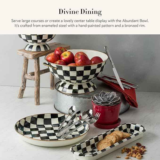MACKENZIE-CHILDS Enamel Abundant Bowl, Decorative or Serving Bowl, 13-Cup Capacity, Black-and-White Courtly Check