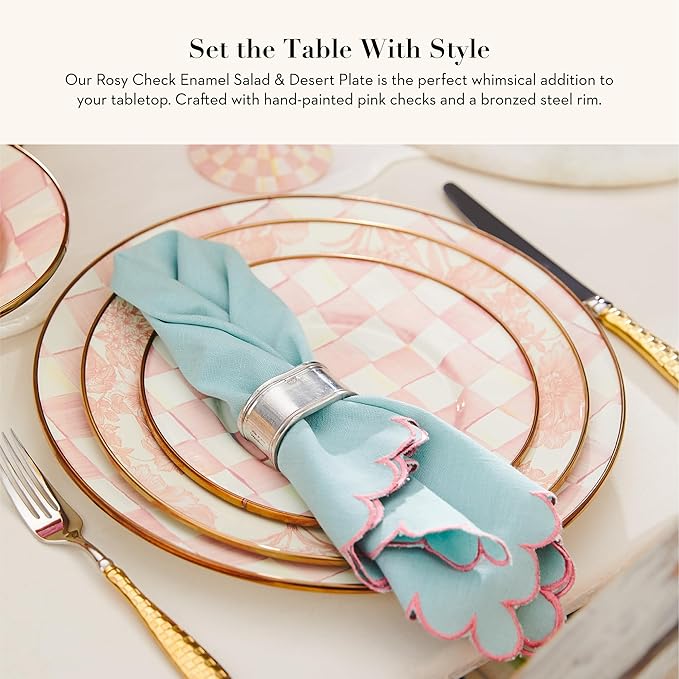 MACKENZIE-CHILDS Enamel Salad and Dessert Plate, Small Plate for Appetizers or Desserts, 8 Inches, Pink-and-White Rosy Check