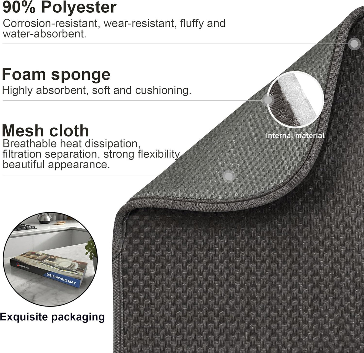2-Pack Dark Gray Dish Drying Mat 18 x 24 inches – XL Drying Matt Kitchen Counter,Dish Drying Mats for Kitchen Counter, Super Absorbent, Anti-Slip, Fast Drying, Kitchen Must-Have