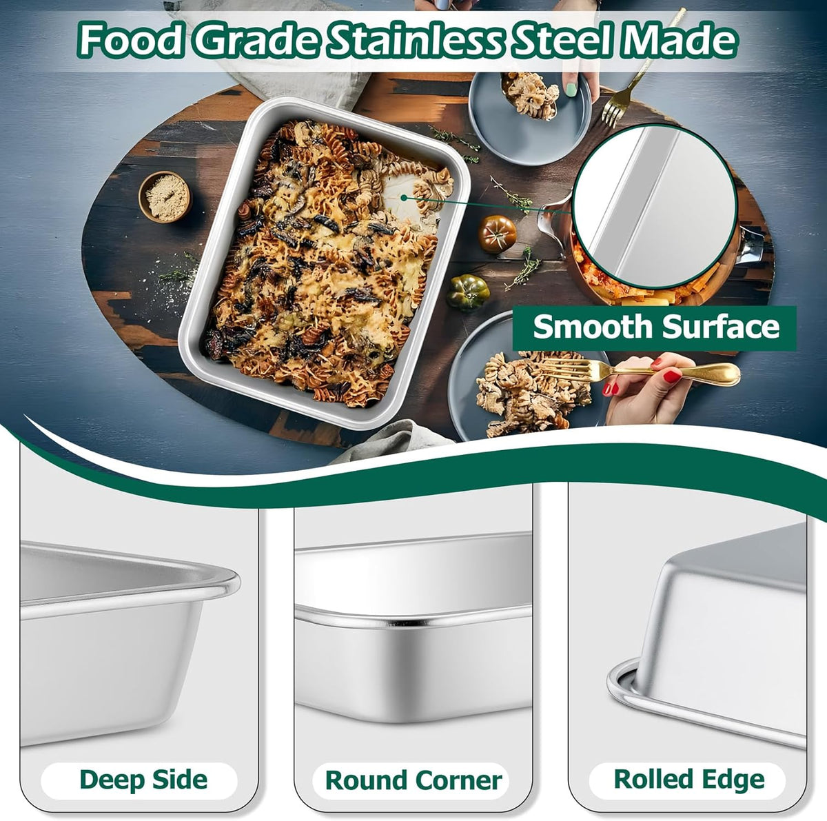TeamFar Lasagna Pan, 10.6 x 8.3 x 1.7inch Stainless Steel Rectangular Cake Brownie Pan Casserole Baking Dish, Compact for Toaster Oven, Non Toxic & Healthy, Brushed Finish & Easy Clean-Dishwasher Safe