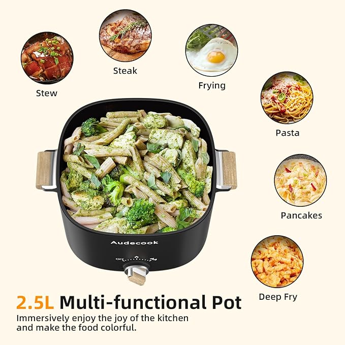 Audecook Hot Pot Electric, 2.5L Portable Nonstick Multicooker for 1-3 Persons, Honeycomb Texture Travel Electric Skillet with Dual Power Temperature Control for Steak/Egg/Noodles/Oatmeal (Black)