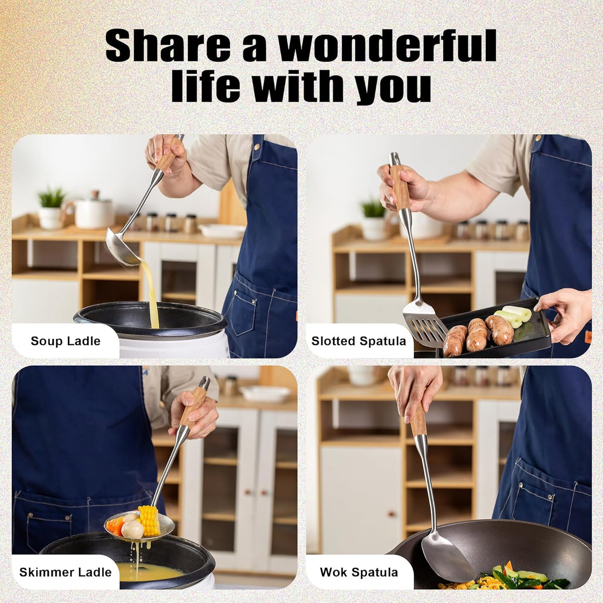 FJNATINH Wok Utensils - Wok Spatula Metal Set, 4-Pieces 14-15 Inch Extra Long, Wok Tools Professional Set, Wooden Handle Skimmer, Soup Ladle, Slotted Turner