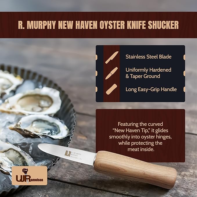 R Murphy/Ramelson New Haven Oyster Shucking Knife, Shucker Tool Opener, Curved Bent Tip, Wood Handle, Stainless Steel Blade, Made in USA, Regular (2 Pack)