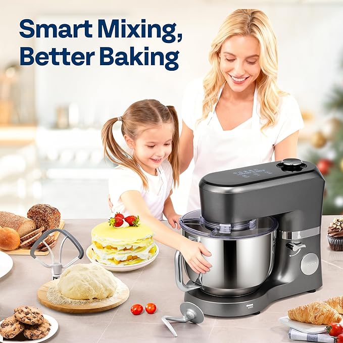 VIVOHOME Stand Mixer with Fermentation, One-Touch Presets Electric Dough Mixer with 6 Qt Bowl, Kitchen Standing Mixer for Baking, Cake with Flex Edge Beater, Bread Hook, Whisk, Gray