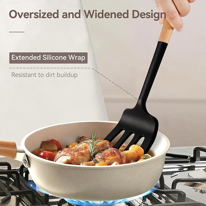 Kitchen Utensils Set, Large Non-stick Silicone Cooking Utensils Set 6 Pcs, Wooden Handle Heat Resistance Silicone Spatula Soup Ladle Pasta Server Kitchen Gadgets Utensils Set BPA Free (Black)