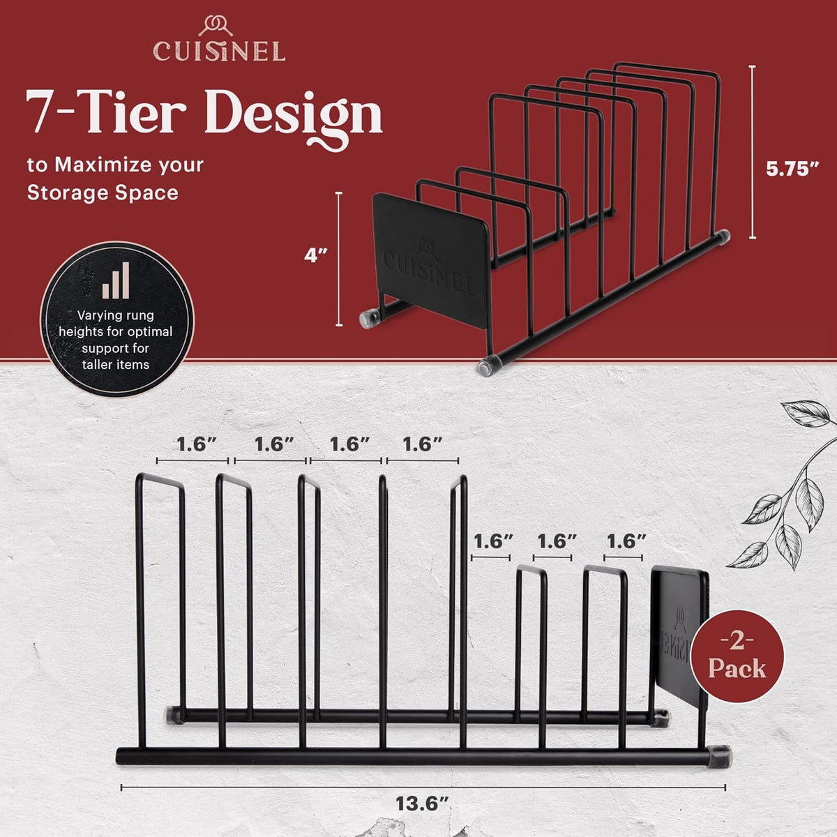 Cuisinel Lid and Dish Organizer Rack - 2-Pack Matte Black Kitchen Storage Organization Stand - Plate Holder, Pan/Pots Covers, Cutting Board and Cookie Sheet Divider - 7-Tier Cabinet/Counter Display