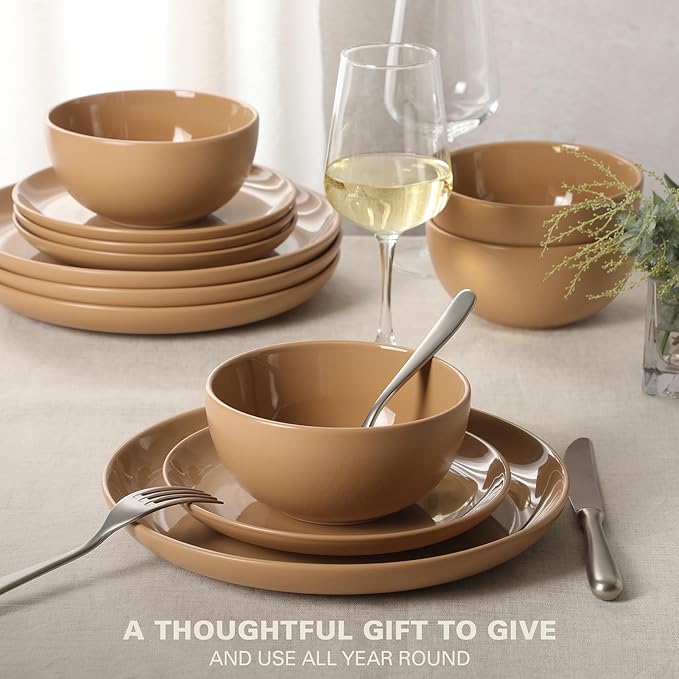 Gibson Home Rockaway 12-Piece Round Stoneware Dinnerware Set, Service for 4 – Beige Plates and Bowls, Modern Matte Finish, Microwave & Dishwasher Safe