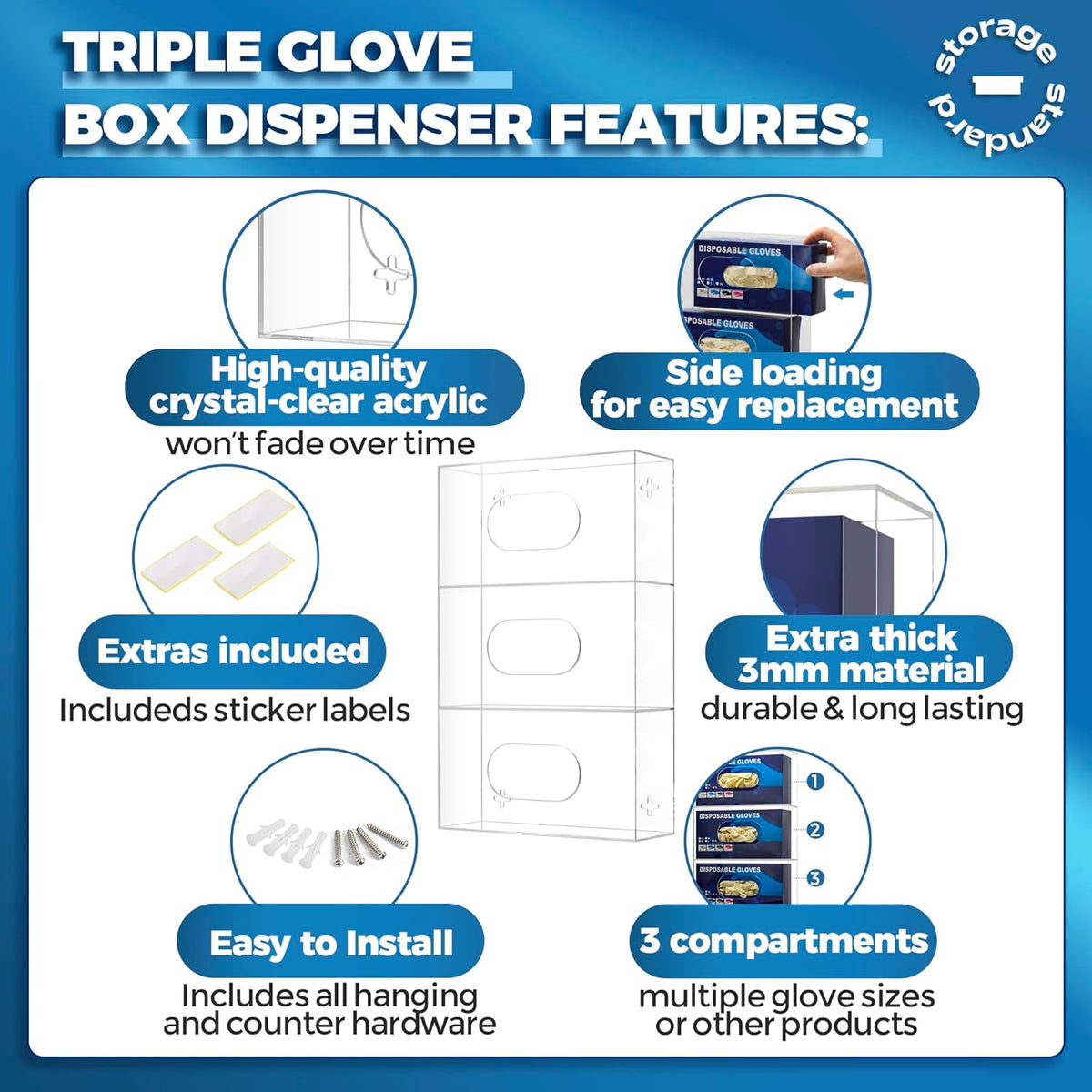 Storage Standard Triple Glove Box Holder Wall Mount Glove Dispenser - Disposable Glove Holder Wall Mount Glove Station for Medical Gloves, Multipurpose Kitchen Gloves Holder - 16.5 x 10 x 3.5 Inches