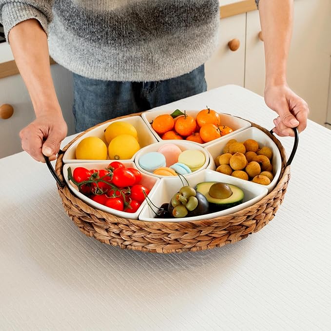 Serving Tray and Serving Dishes, RANDEFURN 7-Set Gold Platters for Parties,15.5 x 15.5 inches, Divided Serving Trays & Platters, Portable Handle,Gold
