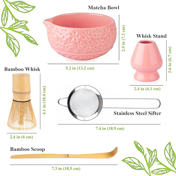 Matcha Whisk Set- Matcha Set includes Matcha Whisk and Bowl with Spout, Sifter, Holder and Scoop- The Perfect Bamboo Whisk for Matcha Tea (Rose Pink)