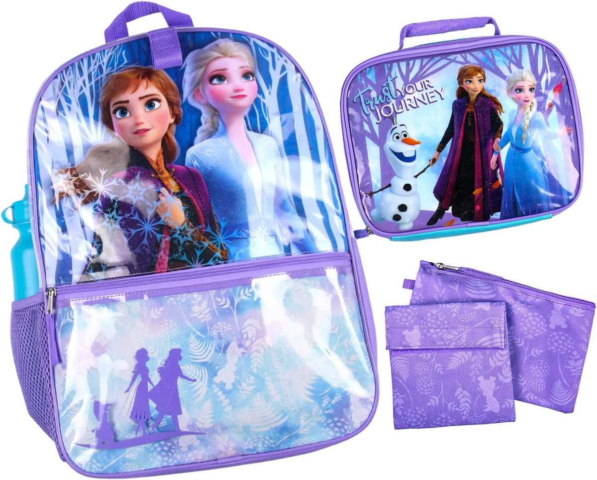 Bioworld Disney Frozen Anna Elsa Olaf Trust Your Journey 5 PC Backpack Set Tote Bag