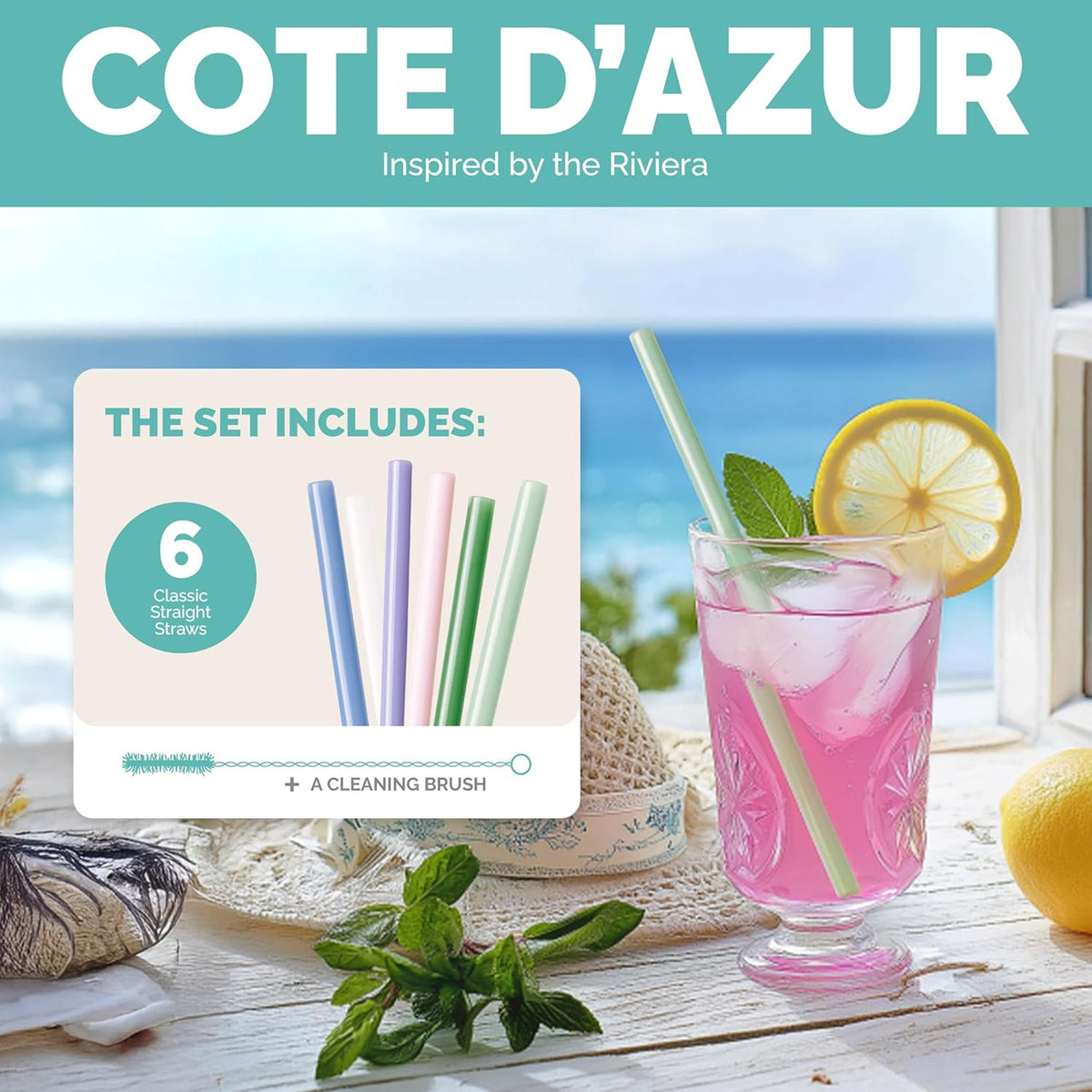 Simply Straws 8 Inch Glass Straws Straight (6-Pack) – Reusable Glass Straws for Pints & Juice Drinkware, with Cleaning Brush – Dishwasher Safe, Hot & Cold Use, BPA-Free (Cote d'Azur)