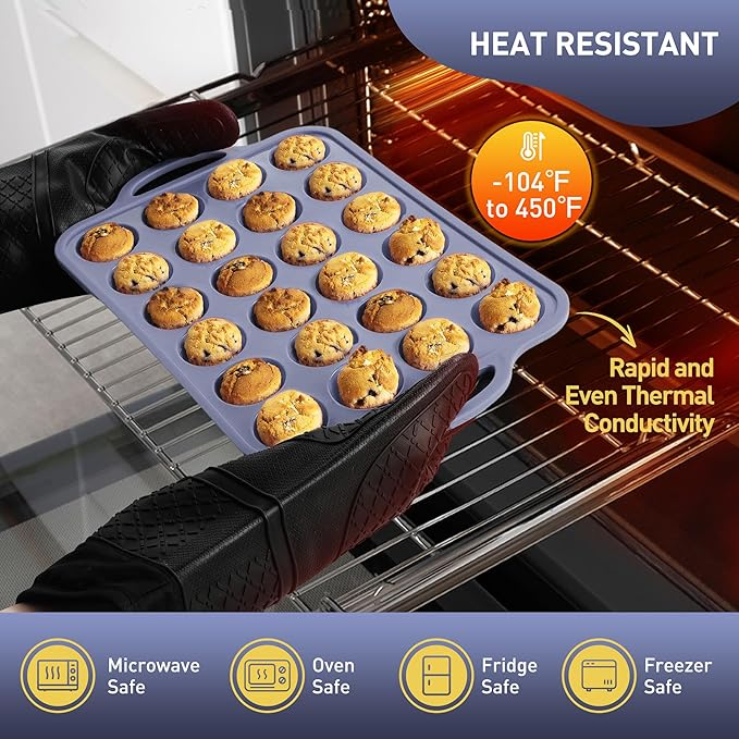 2 Packs 24 Cups Silicone Muffin Pan with Metal Reinforced Frame Mini Size Cupcake Pan Tray Egg Bites Silicone Circle Cookie Molds Muffin Tin Tart Pans Baking Sheet Set for Breakfast Sandwiches