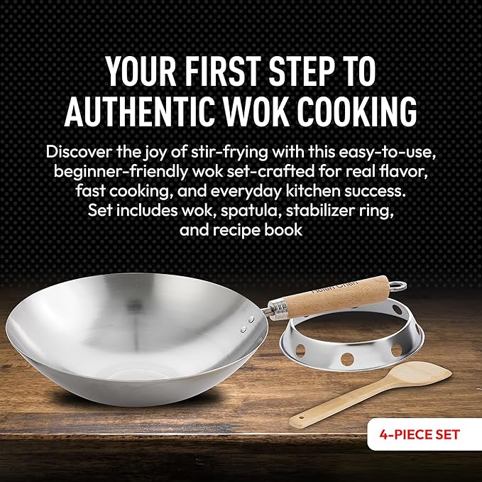 Helen's Asian Kitchen Round Bottom Wok Set, Carbon Steel and Bamboo, 12-Inches, 4-Piece Set
