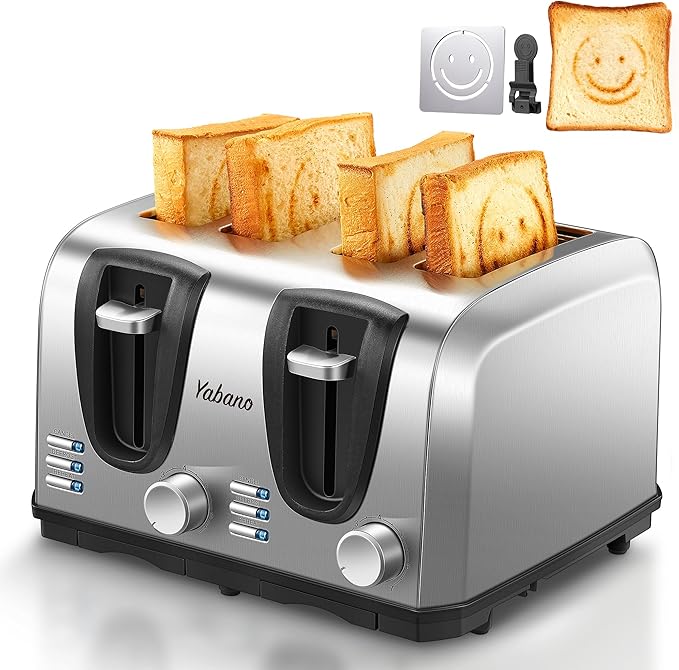 Yabano 4 Slice Toaster, Toaster with Extra Wide Slot and 7-Shade Settings, Defrost and Reheat Function, Make Toast with Smiley Faces, Stainless Steel