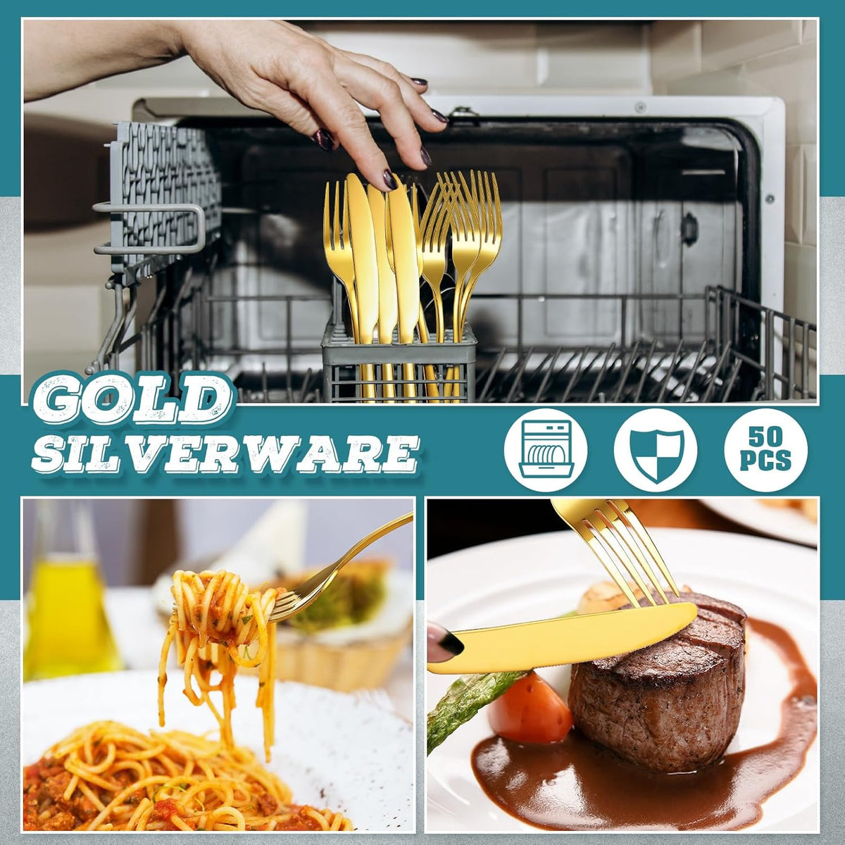 Nuenen 50 Pieces Stainless Steel Forks Silverware Set Dinner Forks and Knives Flatware Tableware Cutlery Set for Kitchen Restaurant(8.07 x 0.94 Inch, 9.06 x 0.79 Inch,Gold)
