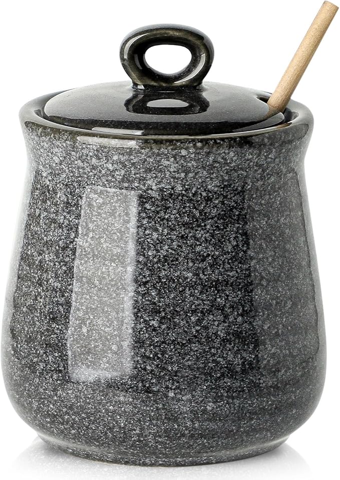 Hasense Honey Jar with Lid, 12 Ounce Ceramic Honey Pot with Wooden Dipper Stick, Grey Kitchen Container Dish for Birthday Wedding Gift, Easy to Clear