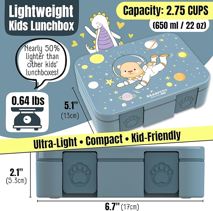 Kids Lunch Box with Compartments – Compact & Lightweight | Leak-Proof, BPA-Free, Dishwasher & Microwave Safe | Hand-Drawn Design for Preschool, School, Travel (Astro Bear Blue, 2.75 Cups)