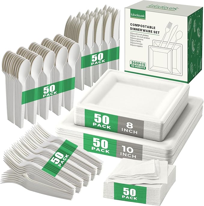 100% Compostable Paper Plates, and Biodegradable Set Includes Forks Spoons and Knives Perfect for Eco Friendly Parties and Gatherings（White 300pcs)