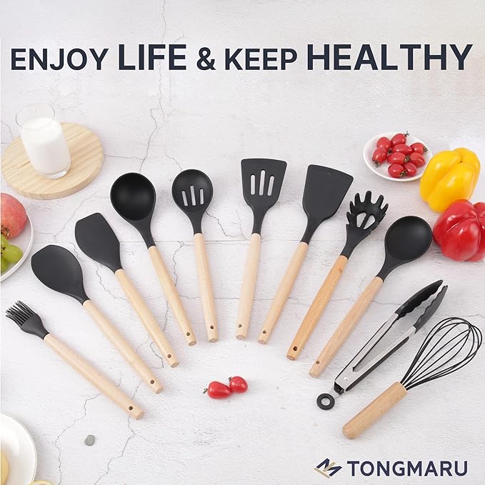 Silicone Cooking Utensils Set, Premium Beech Wood Handle Kitchen Gadgets Utensil Set, Non-Stick Kitchen Utensils Spatula, Tongs, Turner, Whisk, Brush, Spoon, BPA FREE, 446°F Resistant (Black)