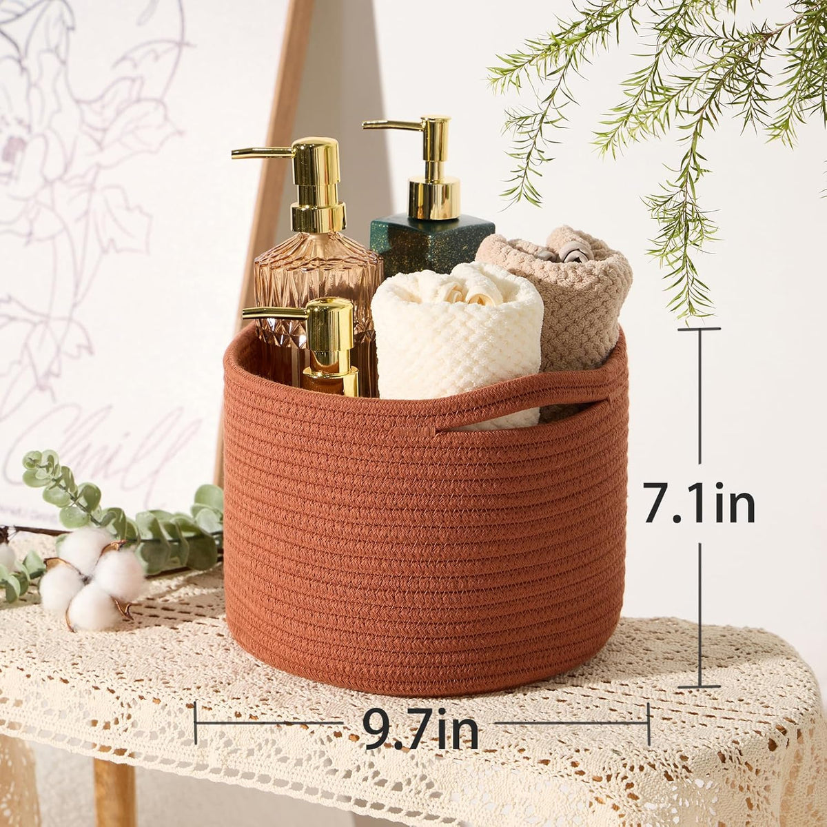 Small Basket for Organizing | Cube Shelf Closet Storage Baskets | 9.7×9.7×7.1” | Woven Rope Gift Basket | Nursery | Round 3 Packs Oxide Red