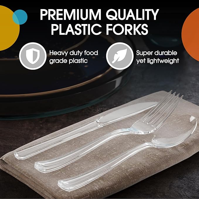 Party Solids Clear Plastic Silverware Heavy Duty 150 Pieces Clear Plastic Cutlery Sets, Utensil Sets, 50 Of Each Forks, Knives & Spoons Disposable Cutlery Set, Flatware Set For Party Supplies
