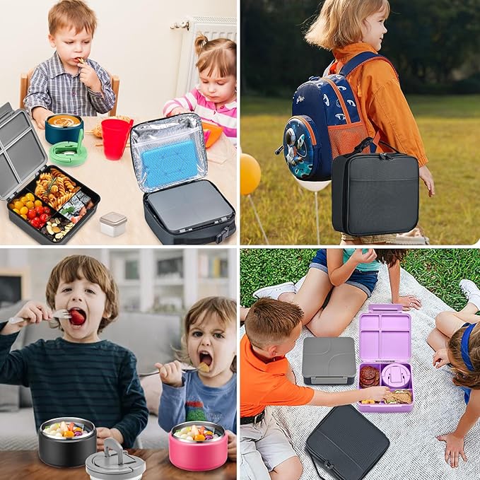 Bento Lunch Box with 8oz Soup Thermo,Kids Leakproof 4 Compartment Lunch Food Containers with Sauce Cup and Ice Pack,Kids Thermo Insulated Hot Food Jar and Lunch Bag for School,Trvael-Black