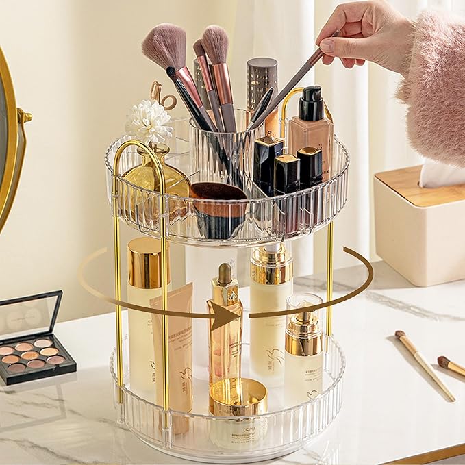 Aveniee 360 Rotating Makeup Organizer for Vanity, Upagraded Perfume Skincare Bathroom Counter Organizers with Brush Divider, Two Tier Spinning Lipstick Cosmetic Lotion Storage,White