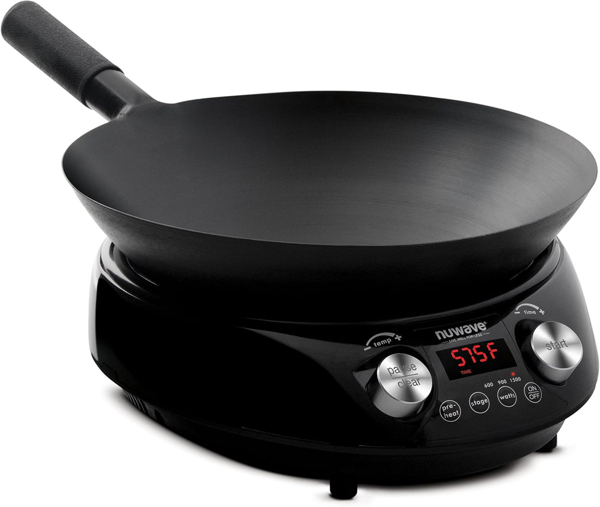 Nuwave Mosaic Induction Wok, Precise Temp Controls from 100°F to 575°F in 5°F, Wok Hei, Infuse Complex Charred Aroma & Flavor, 3 Watts 600,900 & 1500, Authentic 14-inch Carbon Steel Wok Included,Black