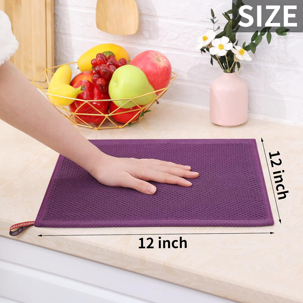 Homaxy 100% Cotton Waffle Weave Kitchen Dish Cloths, Ultra Soft Absorbent Quick Drying Dish Towels, 12 x 12 Inches, 6-Pack, Purple